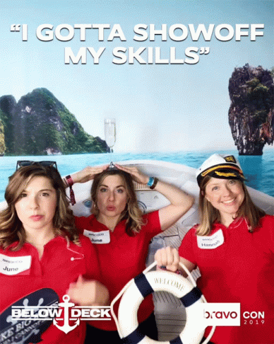 Three Women Pose For A Photo In Front Of A Sign That Says " I Gotta Show Off My Skills " GIF