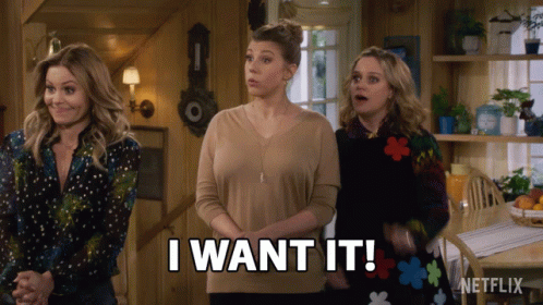 Three Women Standing Next To Each Other With The Words " I Want It " On The Bottom GIF