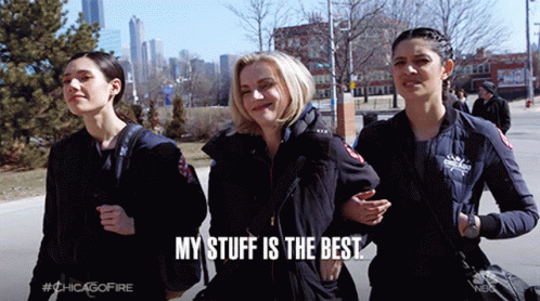 Three Women Walking Saying My Stuff Is Best