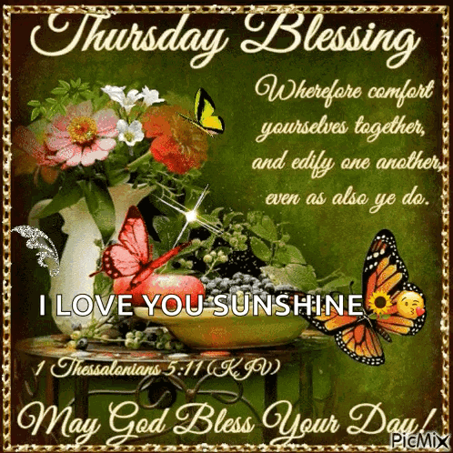 Thursday Blessing with Butterflies Flowers on Green Background