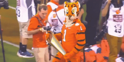 Tiger Mascot Holding Trophy