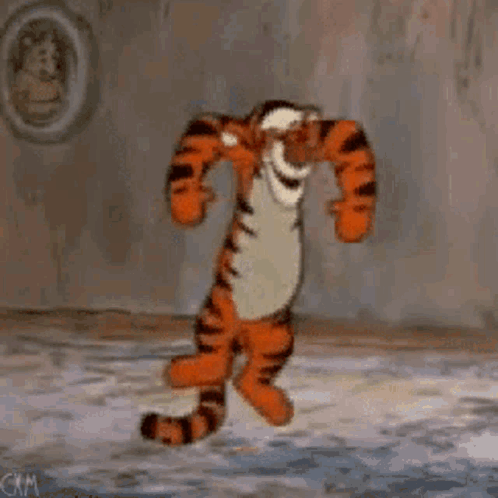 Tigger From Winnie The Pooh Is Dancing In A Room In Front Of A Wall . GIF
