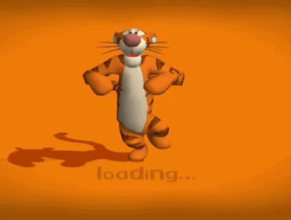 Tigger From Winnie The Pooh Is Dancing In Front Of An Orange Background That Says " Loading " GIF