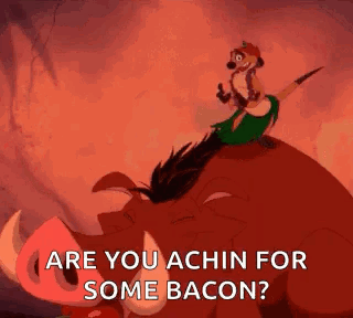 Timon From The Lion King Is Riding On The Back Of A Pig And Says `` Are You Achin For Some Bacon ? '' GIF