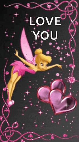 Tinkerbell Fairy Surrounded by Hearts Saying Love You