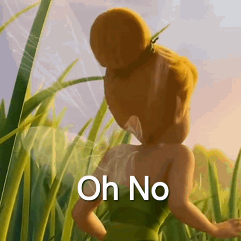 Tinkerbell Is Standing In A Field Of Tall Grass With The Words Oh No On Her Face . GIF