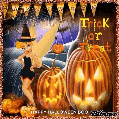 Tinkerbell Is Standing In Front Of Pumpkins And A Sign That Says Trick Or Treat . GIF