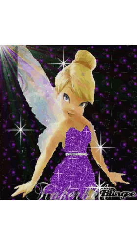 tinkerbell is wearing a purple dress and has a bun in her hair