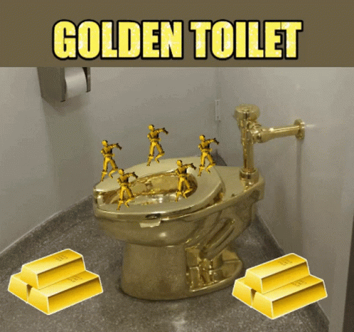 Tiny People Dancing Atop Golden Toilet GIF