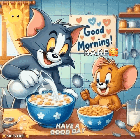 Tom and Jerry Sitting With Bowls of Cereal