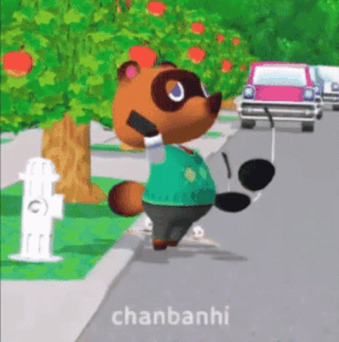Tom Nook From Animal Crossing Is Standing On A Street GIF