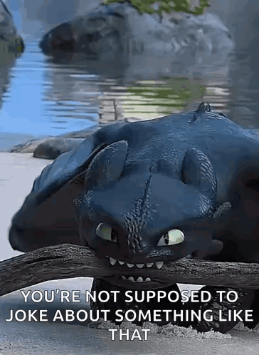 Toothless From How To Train Your Dragon Is Laying On A Branch Next To A Body Of Water . GIF