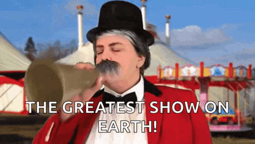 Top Hat Man Blowing Trumpet The Greatest Show GIF