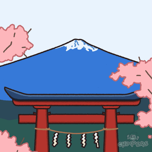 Torii Gate with Cherry Blossoms and Mountain