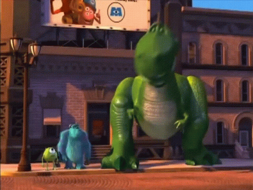 Toy Story Character In Front Of Monsters Inc. Billboard GIF