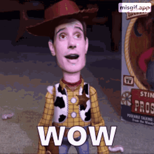 Toy Story Woody Doll Says Wow in Front of Toy Box