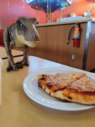 Toy T-Rex Next To Pizza GIF