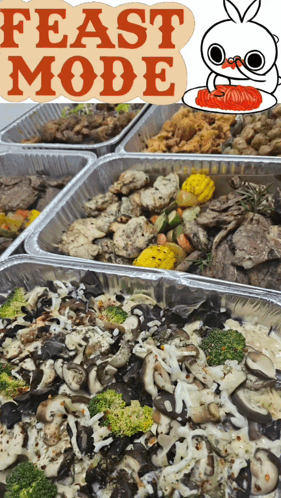 Trays Of Food With A Sign That Says Feast Mode On Top GIF