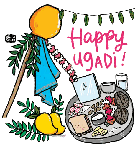 Tree and Food Plate Saying Happy Ugadi