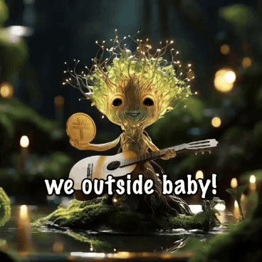 Tree Holding Coin And Playing Guitar Saying We Outside Baby GIF