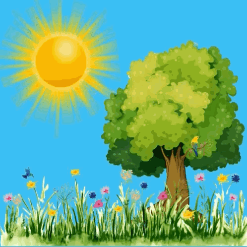 Tree In Field With Flowers And Sun Saying Good Morning GIF