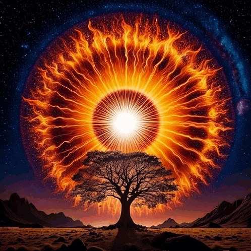 Tree Painting In Front Of Fireball GIF