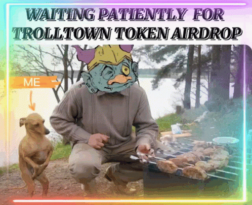 Troll Town Token Airdrop Advertisement With Man And Dog GIF