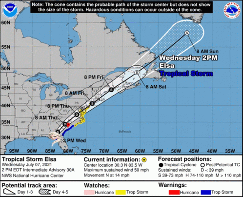 Tropical Storm Elsa Path Map July 7 2021