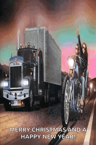 Truck and Motorcycle Merry Christmas Happy New Year