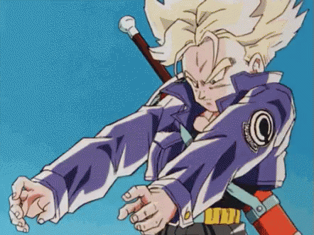 Trunks From Dragon Ball Z Is Holding A Sword And Pointing At The Camera . GIF