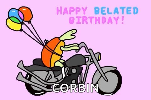 Turtle Riding Motorcycle With Balloons Happy Belated Birthday GIF