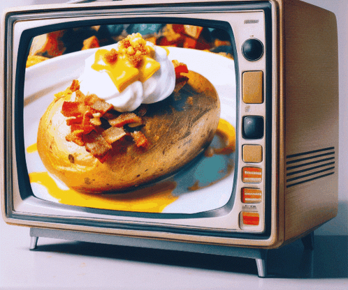 TV Screen Showing Baked Potato With Bacon And Whipped Cream GIF