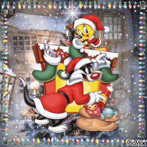 Tweety and Sylvester Dressed as Santa Clauses