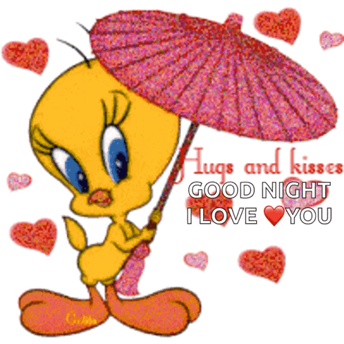 Tweety Bird Holding Umbrella Hugs And Kisses GIF