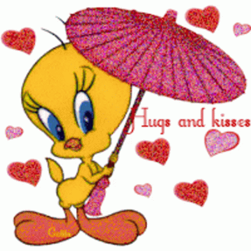 Tweety Bird Holding Umbrella With Hugs and Kisses