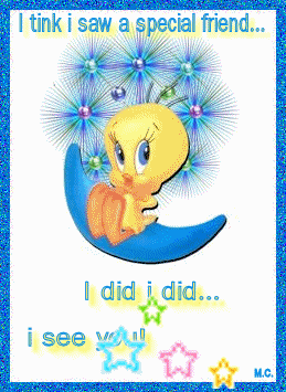 Tweety Bird on Blue Crescent Moon Saying I Tink I Saw a Special Friend