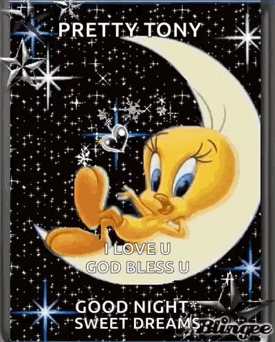 Tweety Bird Sitting on Crescent Moon With Heart in Mouth