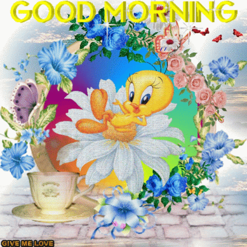 Tweety Surrounded by Flowers and Coffee