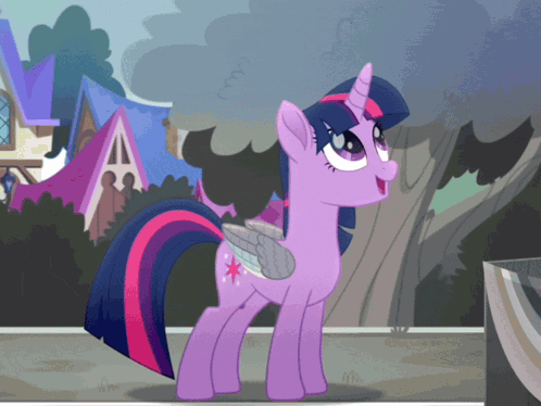 Twilight Sparkle From My Little Pony Is Standing In Front Of A House GIF