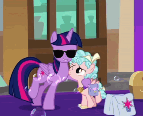 Twilight Sparkle Wearing Sunglasses Next to Smaller Pony