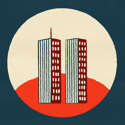 Twin Towers Falling Flipping Disc GIF