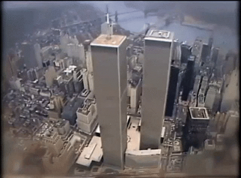 Twin Towers Falling Surround Aerial Shot GIF