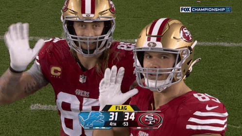 Two 49ers Players Waving With Scoreboard Flag 31 34 4th 53