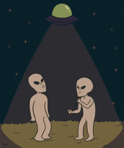 Two Aliens In Front Of Green Object GIF