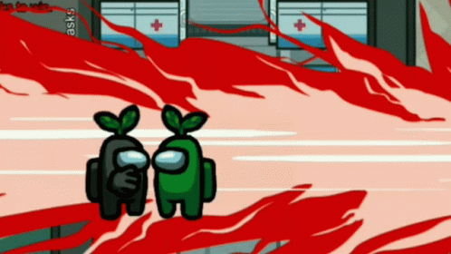Two Among Us Characters Are Standing In Front Of A Red Wall GIF