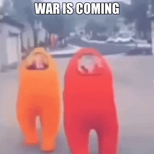 Among Us Characters Walking With War Is Coming Text GIF