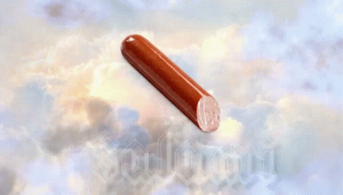 Two Angels Are Standing In Front Of A Salami Sign GIF