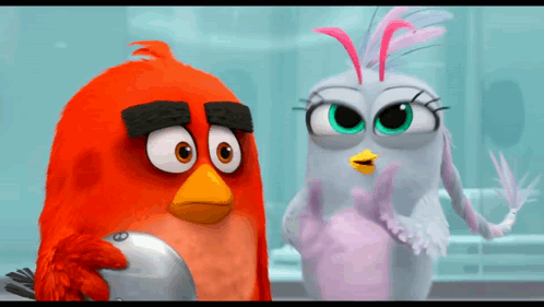 Two Angry Birds Are Standing Next To Each Other In A Room GIF