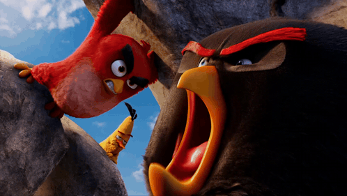 Two Angry Birds Are Standing Next To Each Other With Their Beaks Open GIF