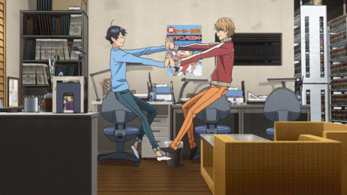 Two Anime Characters Are Dancing In A Room With A Poster On The Wall That Says ' Tokyo Ghoul ' On It GIF